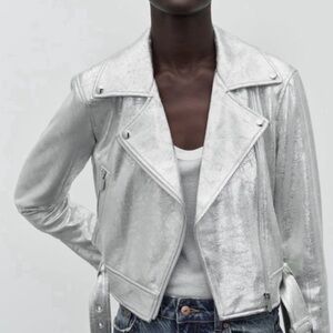 NWOT Zara Metallic Silver Leather Jacket | Size L